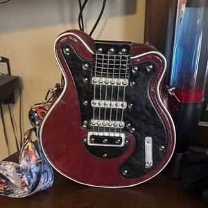 Guitar-Shaped Crossbody Bag in Deep Wine with Printed Strap